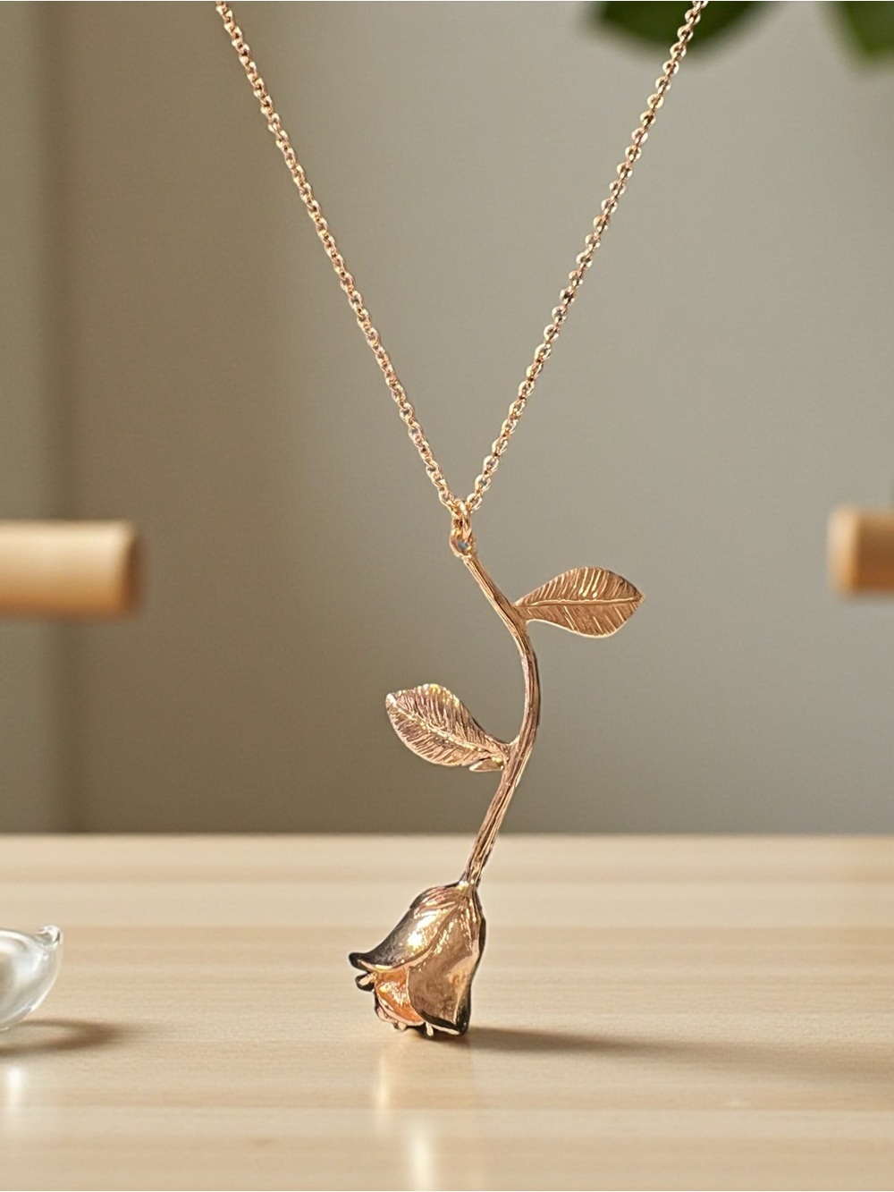 3 D Rose Gold Plated /Rose Stem Pendant Necklace - Women Jewelry